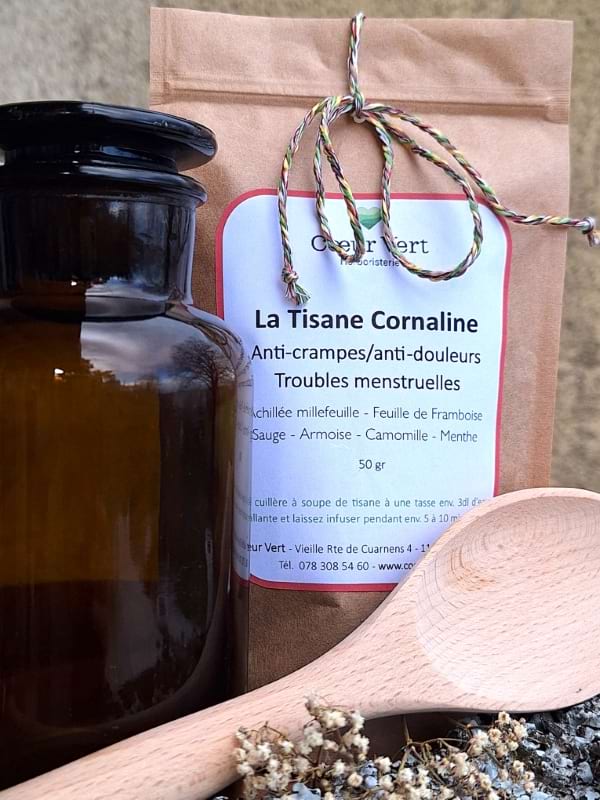 Tisane Cornaline - crampes- douleurs menstruelles - herboristerie - coeur vert - Beatrice Rabory